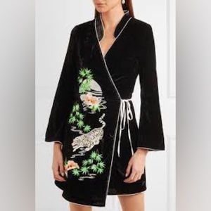 Rixo Embroidered Velvet Wrap Dress